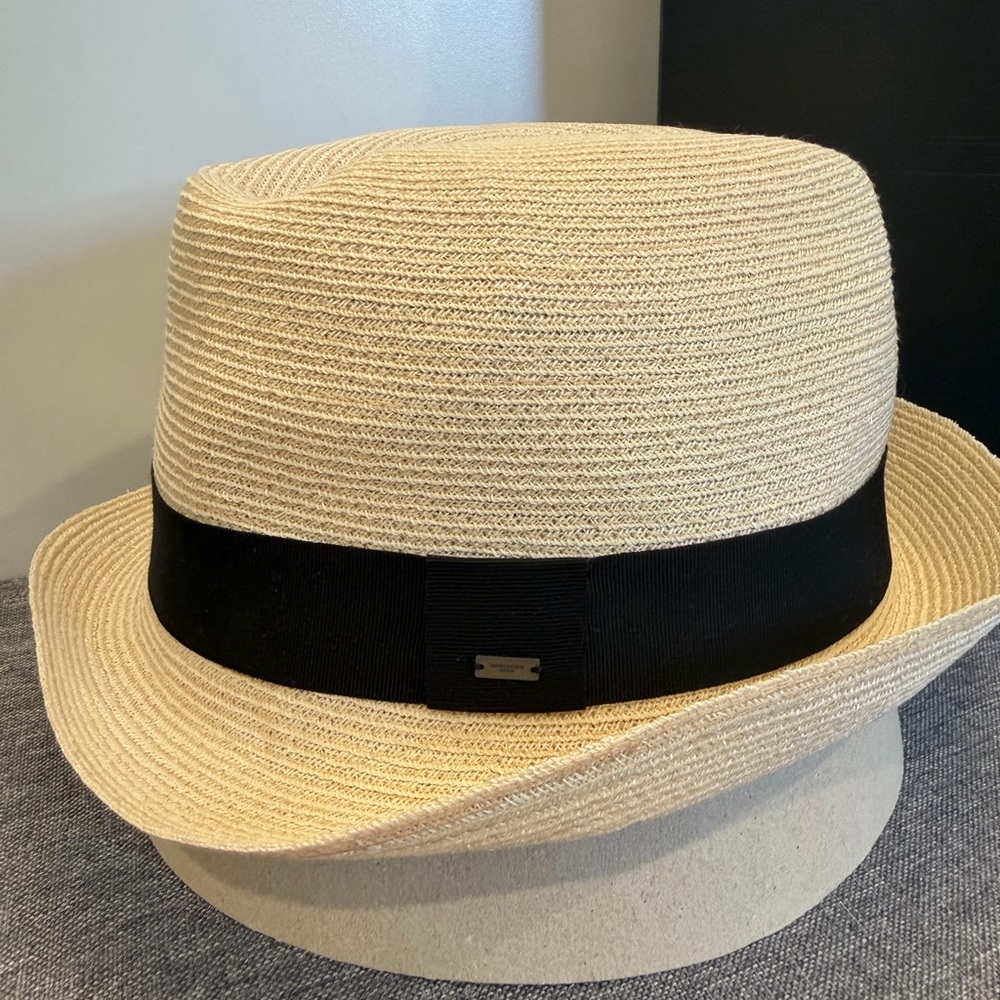 Saint Laurent Straw Fedora Hat with Black Band